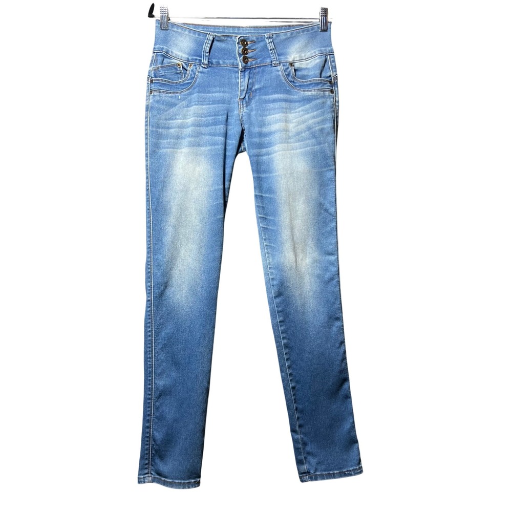 Tush Push Jeans Womens Size 7 Medium Wash Triple Button Skinny Denim Pants
